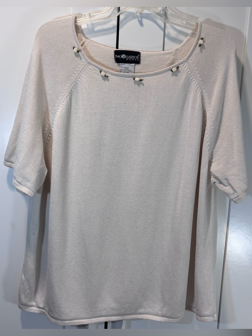 Vintage Silk Blend Sag Harbor Woman 2X Ivory Rosette Sweater Top 90s Y2K